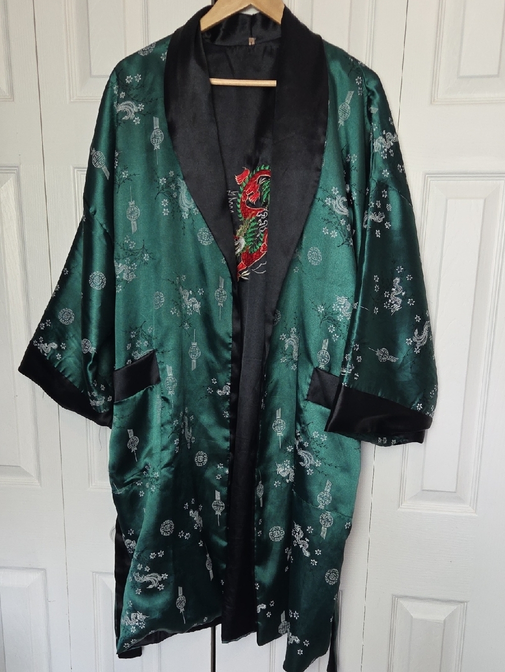 Emerald Green Satin Embroidered Dragon Kimono Robe
